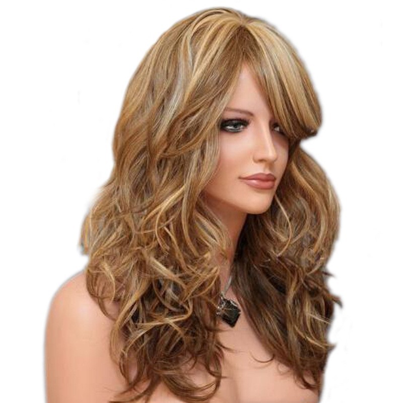 Wish For Women Mixed Gold Medium Long Curly Hair With Side Bangs Synthetic Wig High Temperature Fiber_voghion.com