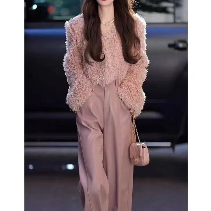 This Year's Trendy Winter Outfit Set Includes a Stylish and Youthful Pink Fur Unique Top Two-Piece Set