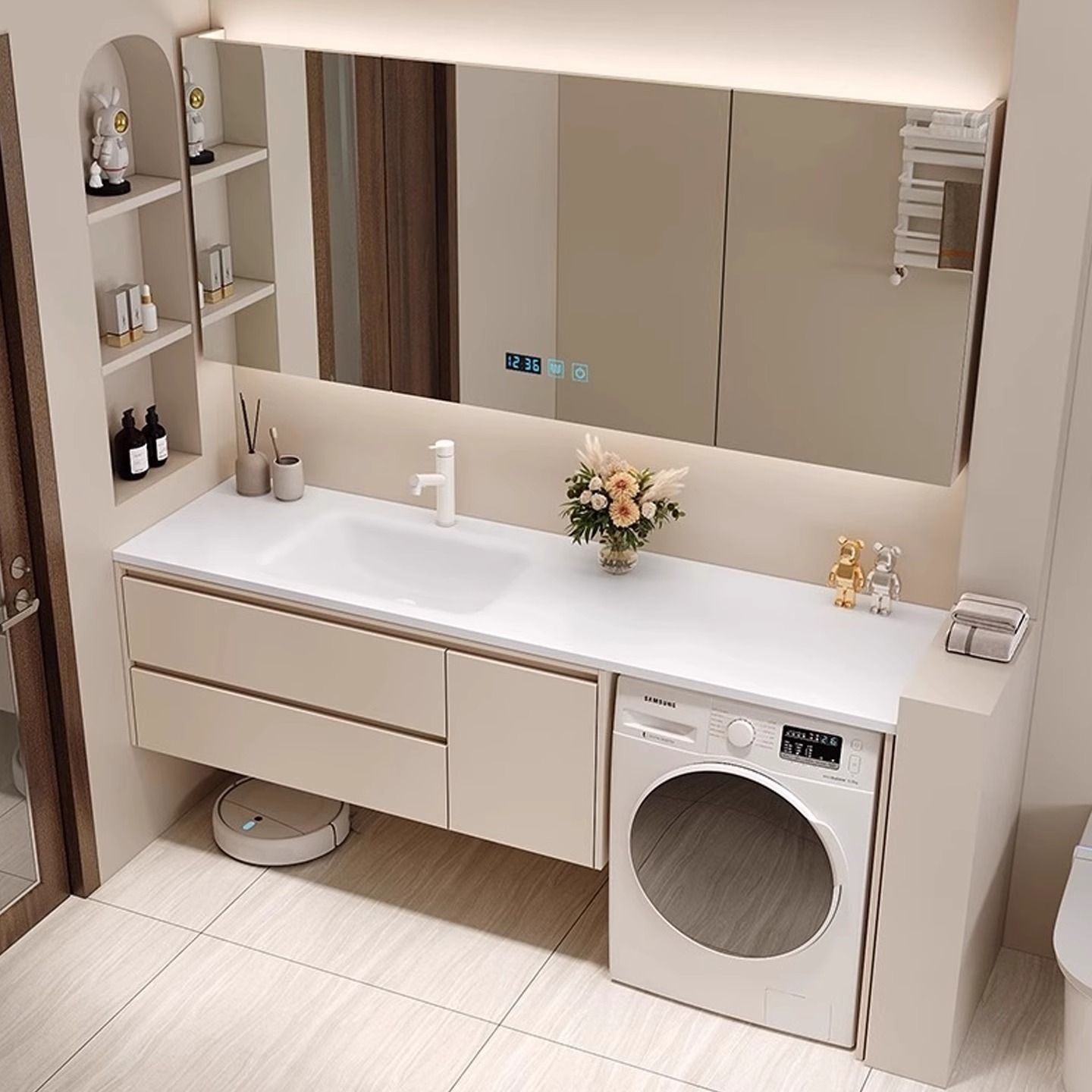 Multi-Layer Solid Wood Cabinet Combination Wash Basin Wash Basin Bathroom Cabinet Simple Mirror Cabinet Cream Color Doorless Wall-Mounted