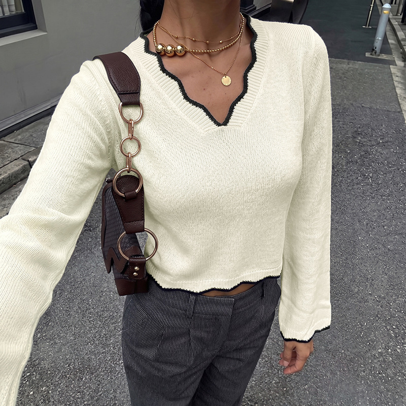 European and American Cross-Border Long-Sleeved Woolen Base Sweater 2026 Autumn and Winter New Style Outer Wear Contrasting Color Wavy Edge V-Neck Short Sweater European and American Cross-Border Long-Sleeved Woolen Base Sweater 2026 Autumn and Winter New Style Outer Wear Contrasting Color Wavy Edge V-Neck Short Sweater