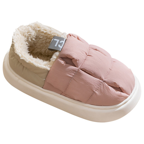 Down cotton slippers for women in winter warm thick sole plus velvet waterproof indoor home use simple cotton shoes autumn and winter confinement shoes