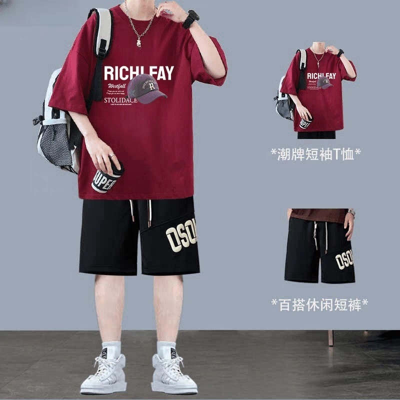 New Youth Pure Cotton Short-Sleeved T-Shirt Men's Handsome Trendy Casual Loose Large Size Junior High School Student T-Shirt Suit
