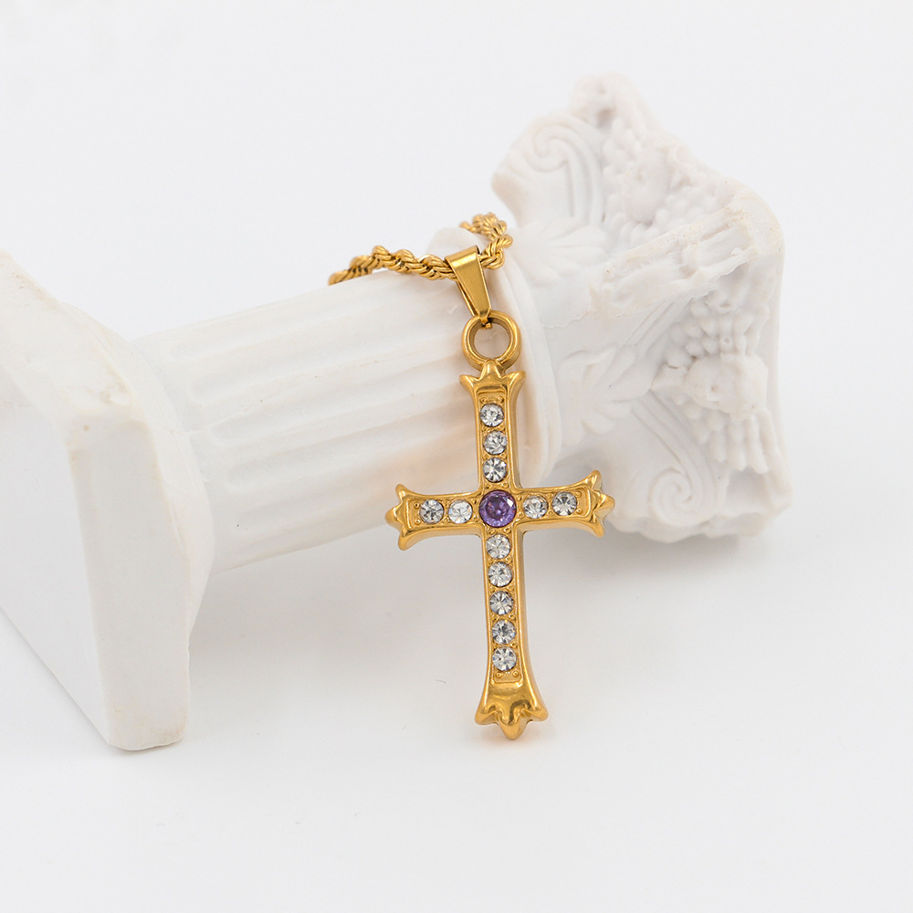Fashion Cross Stainless Steel Plating Zircon Pendant Necklace_colorza_8