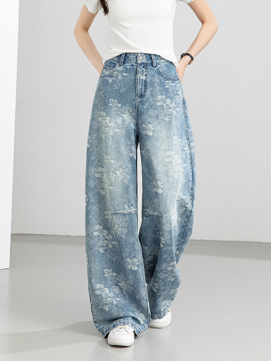 Quần jean nữ ống rộng cạp cao họa tiết jacquard kiểu Trung Hoa mới — xanh lam
