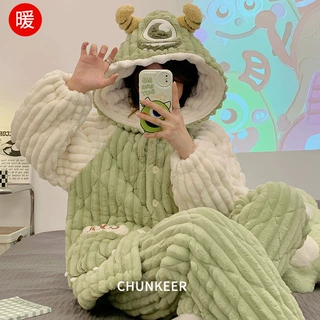 睡衣女冬季三层夹棉加厚珊瑚绒加绒法兰绒家居休闲套装简约休闲
