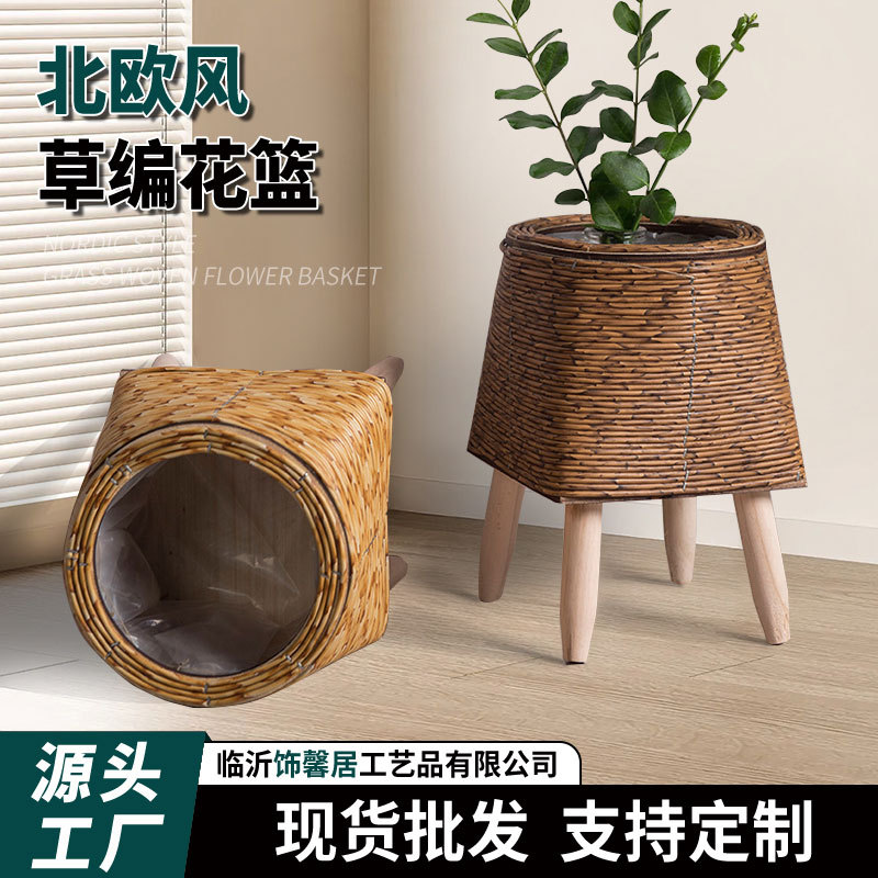 Nórdico de caña trenzada estante triángulo soporte maceta de escritorio creativo contenedor de almacenamiento multicarnoso estante de plantas maceta de paja trenzada mayorista