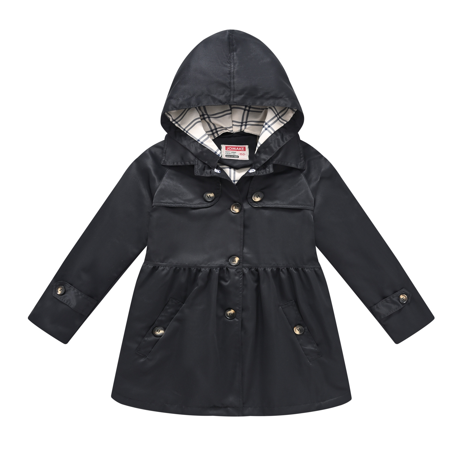 Gabardina de botón de color sólido para niñas de primavera y otoño con capucha casual cintura ajustada estilo coreano estilo occidental clásico gabardina para niños medianos y grandes