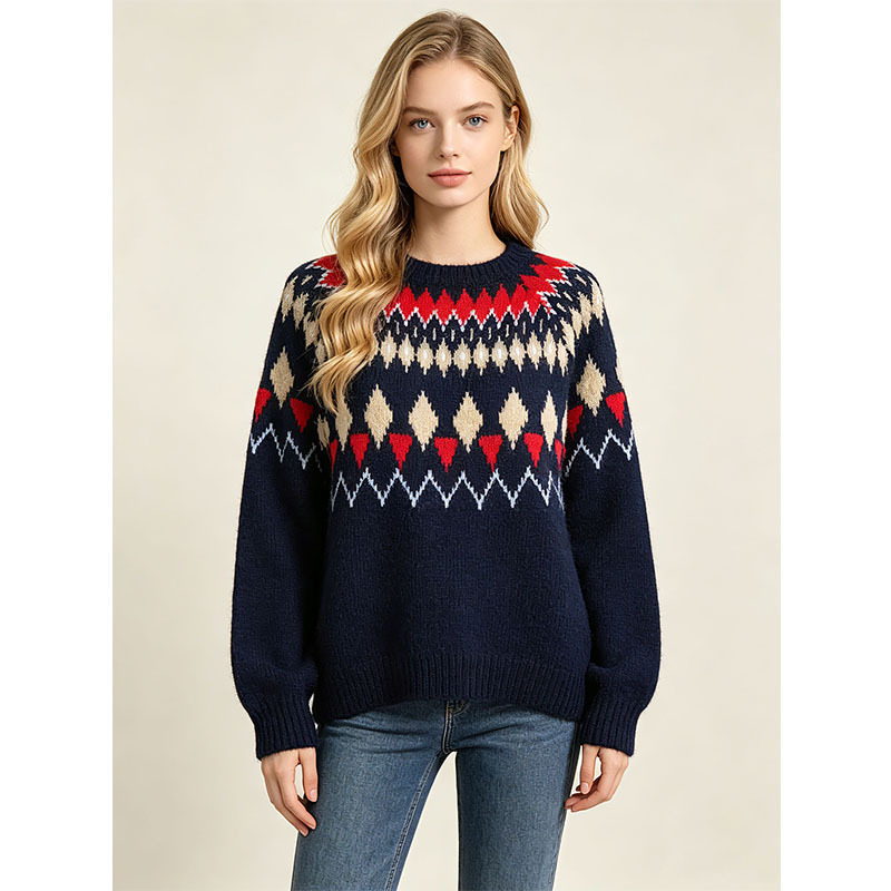 Cross-border wholesale from source factory: European and American style Fair Isle jacquard sweater for women, autumn and winter diamond pattern round neck knit top Cross-border wholesale from source factory: European and American style Fair Isle jacquard sweater for women, autumn and winter diamond pattern round neck knit top