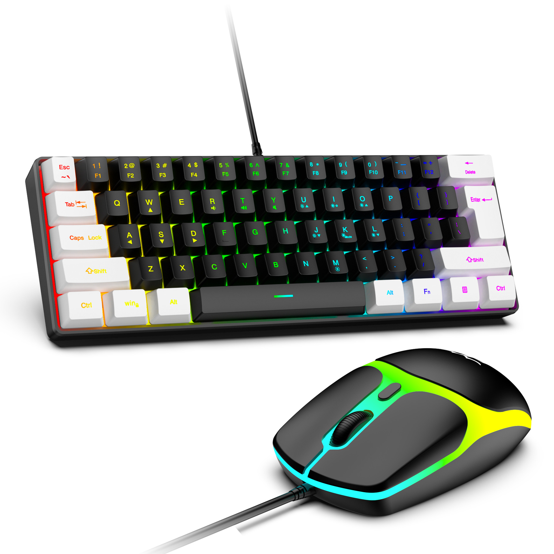 Juego de teclado y mouse con cable para juegos RGB de 61 teclas Teclado de computadora blanco y negro de película no mecánica MINI colorido