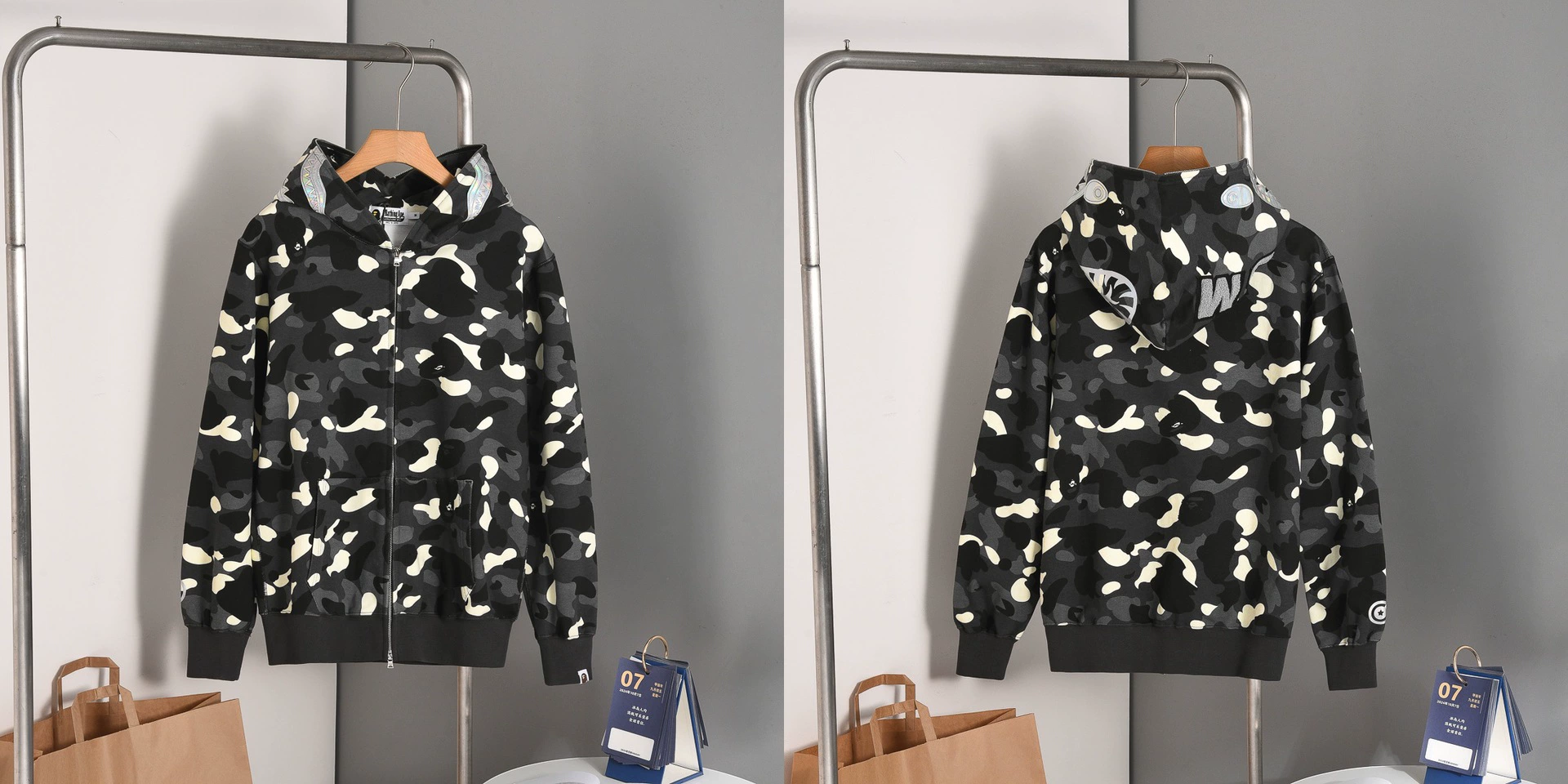 (Cross-border trading), camouflage cloth, shark, sweatshirt with hood with zipper, with embroidery