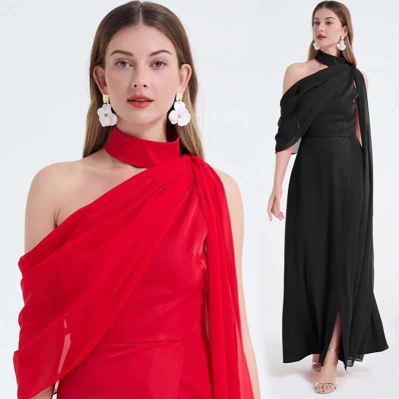 Sexy One-Shoulder Patchwork Halter Neck High-Waisted Slit Dress, Elegant Flowing Slit Gown Sexy One-Shoulder Patchwork Halter Neck High-Waisted Slit Dress, Elegant Flowing Slit Gown