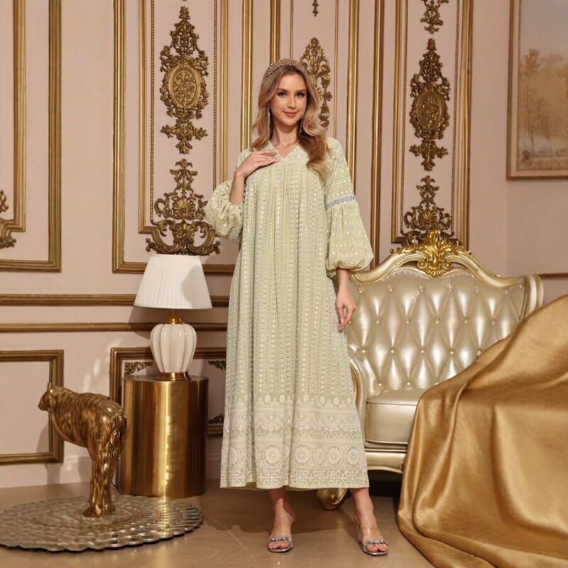 2026 New Light Green Embroidered Long Kaftan Dress for Women, Summer New Ethnic Style Vacation Dress 2026 New Light Green Embroidered Long Kaftan Dress for Women, Summer New Ethnic Style Vacation Dress