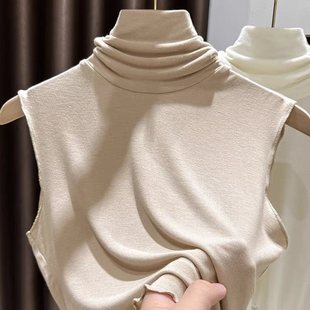 High-Neck Sleeveless Vest for Women, Autumn and Winter Short Knitted Base Layer Sweater with a High-End Feel, Stacked Collar, Warm Top