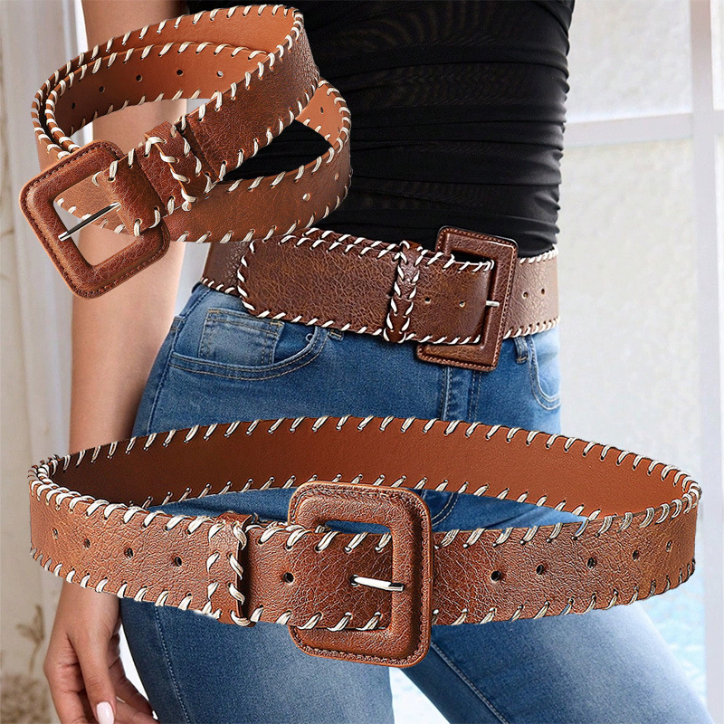 Bohemian Belt, Retro Versatile Belt, Y2K Hand-Woven Threaded Decorative Leather Buckle, Women's Fashion Belt