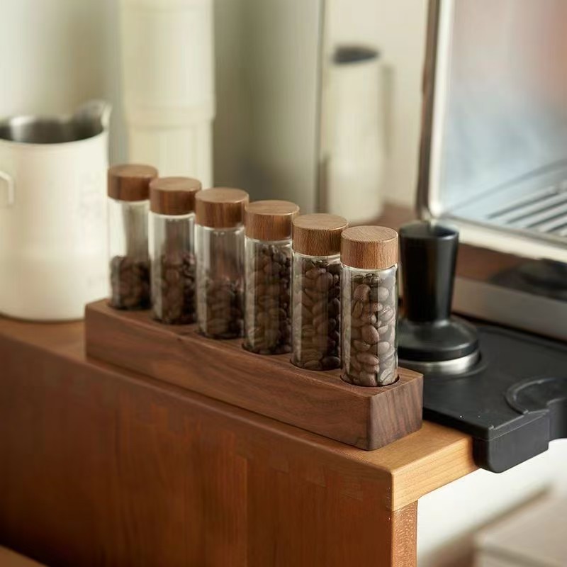 Cobertura de madera maciza de café, base de nogal de haya, subenvasado de granos de café, botella de vidrio, caja de almacenamiento, soporte de exhibición