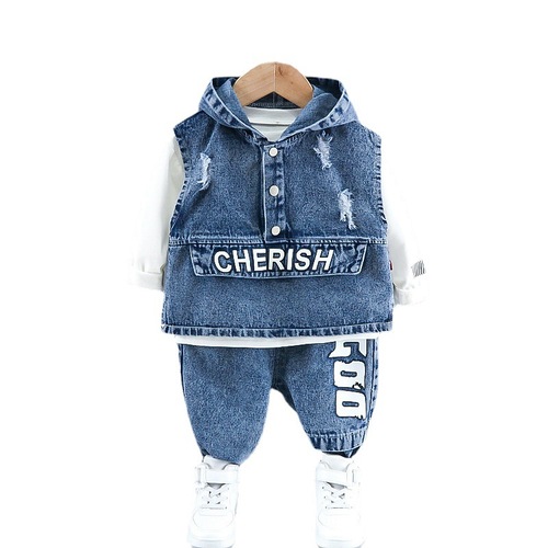 children's clothing spring wholesale denim three-piece set for boys trendy hooded denim suit fashionable children's clothing one-piece dropshipping