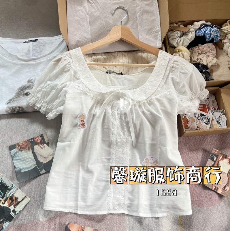 BM风  法式娃娃领白色衬衫bm夏季新款蝴蝶结泡泡袖宽松衬衣上衣女|undefined