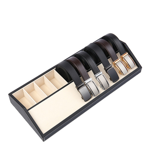 New PU leather wooden belt storage display box for clothing stores, multi-compartment belt display rack, belt display stand