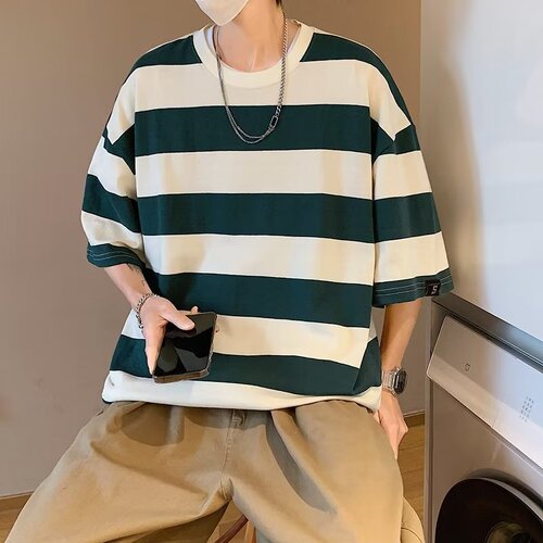 Men's Color Block Striped Short Sleeve T-Shirt, Cotton, 2024 Summer New Hong Kong Style Retro Streetwear Half Sleeve Loose Casual Top