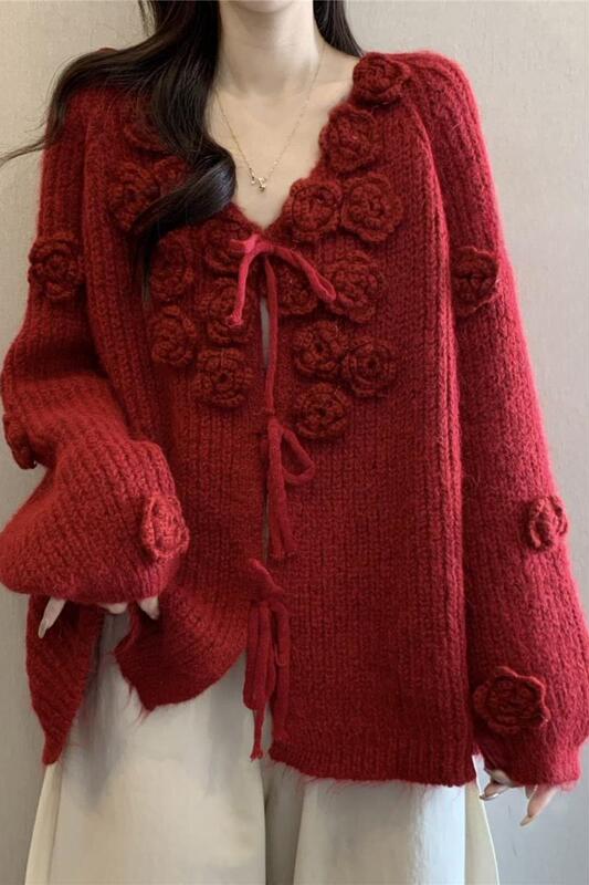 Red Collar Knitted Cardigan Sweater Jacket for Women Spring and Autumn Dopamine Slimming Design Three-Dimensional Flower Top