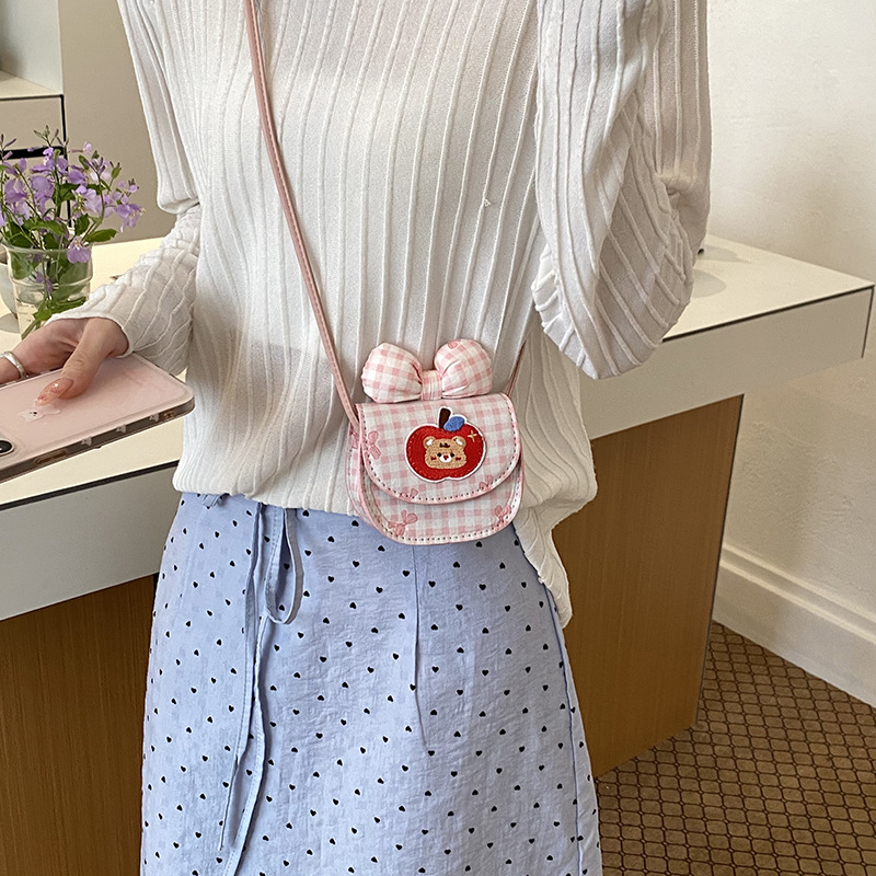 Bolsas infantiles transfronterizas lindas manzanas osos, bolsas de mochila para niños y niñas, bolsas de cambio para bebés con arco a cuadros