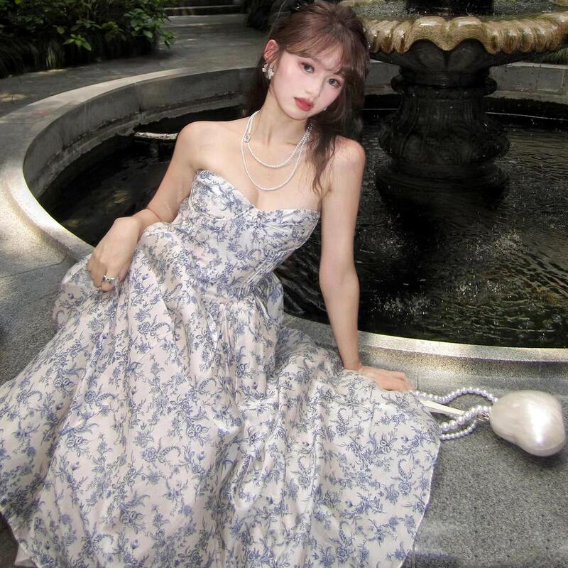 HOUSE 24 Fall/Winter New Style Strapless Waist Fishbone Multi-Layer Yarn Blue and White Porcelain Floral Dress for Princess Women