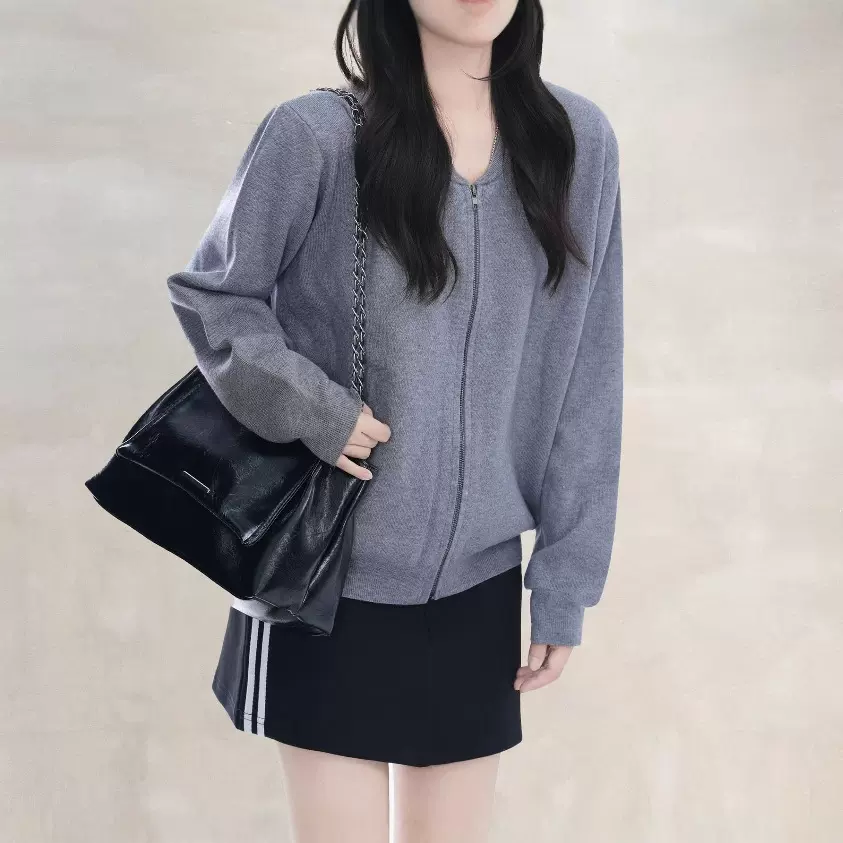 定制2025秋季新款灰色拉链连帽针织衫外套女设计感宽松上衣