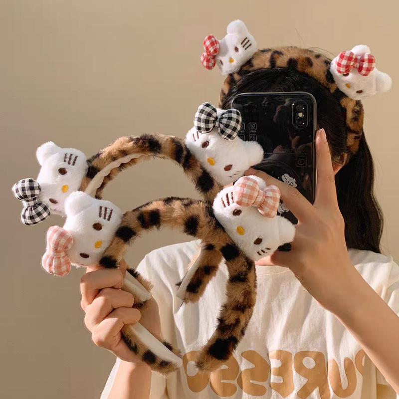 可爱格子蝴蝶结Kitty洗脸发箍秋冬压发卡通毛绒发卡甜酷豹纹头箍|undefined