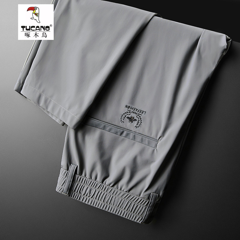 Woodpecker Ice Silk Quick-drying Thin Elastic Zipper Pocket Summer Casual Pants Straight Wear-resistant Men's Ice-feeling Trousers
