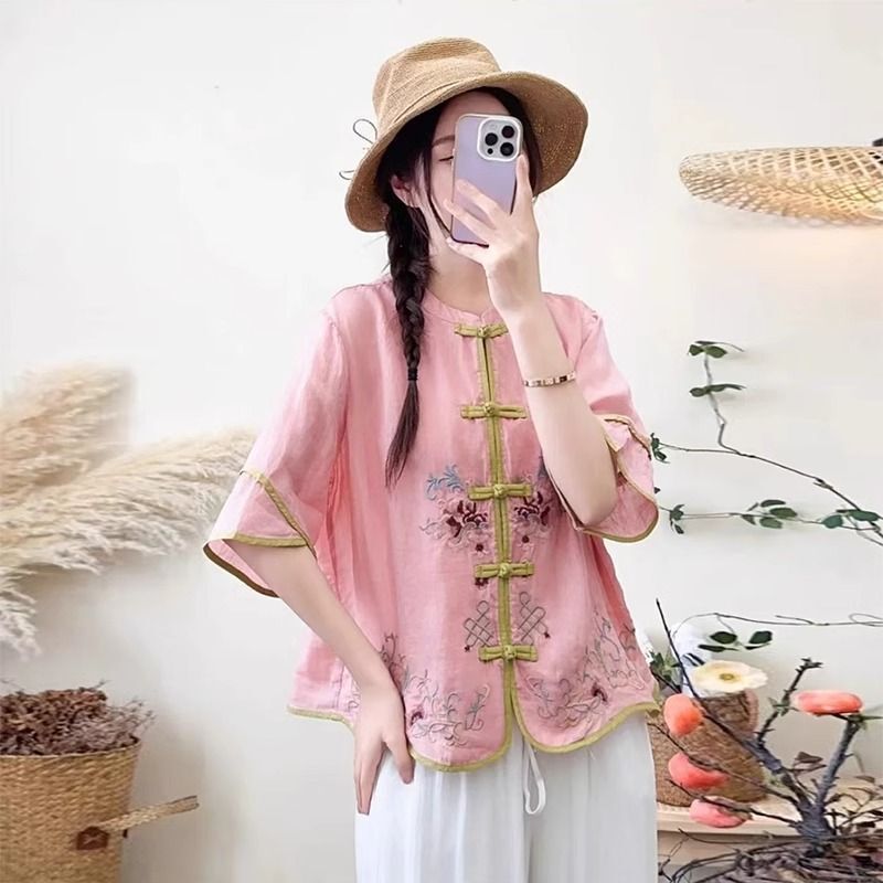 Summer Loose New Cotton and Linen Shirt Chinese Style Embroidered Disc Button Retro Three-Point Literary National Style Shirt Cotton and Linen Top