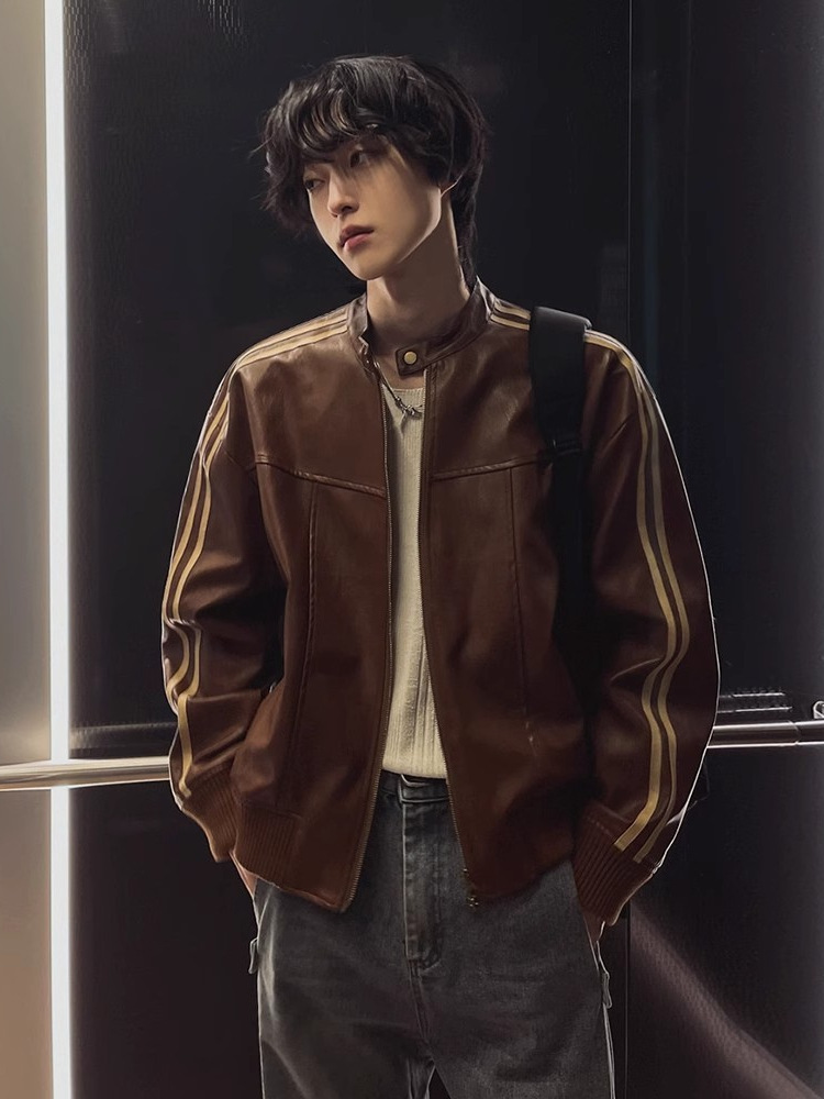 美ラード風皮上着男性春秋ゆるい立襟上着韓国版トレンド機関車革ジャケット潮