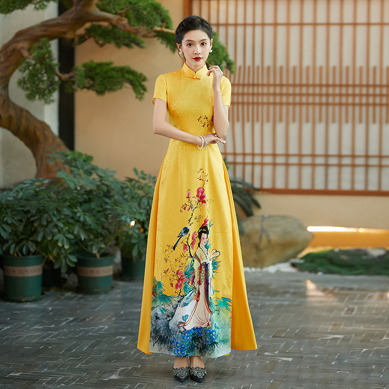 Vietnamese Aodai yellow Cheongsam Chinese Dress Elegant Fashion Oriental  Cheongsam Dress Party singers host choir performance