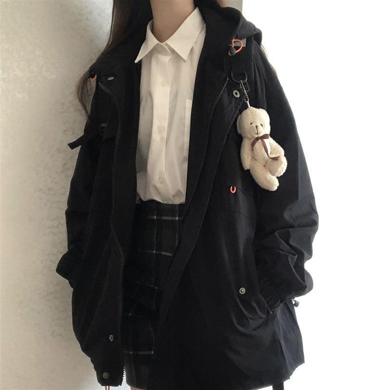 工装外套女韩版宽松女装长袖连帽学院风纯色百搭休闲学生上衣潮