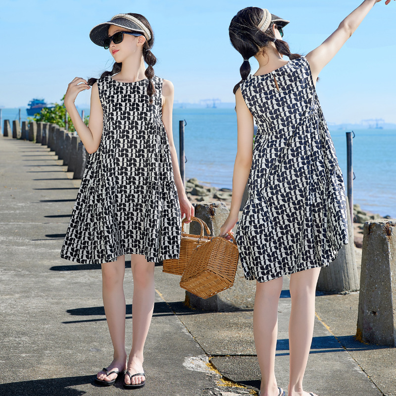 Corea del Sur ropa para niños rombo impreso vestido de las muchachas 2024 verano nueva Alta Calidad niña falda sin mangas moda