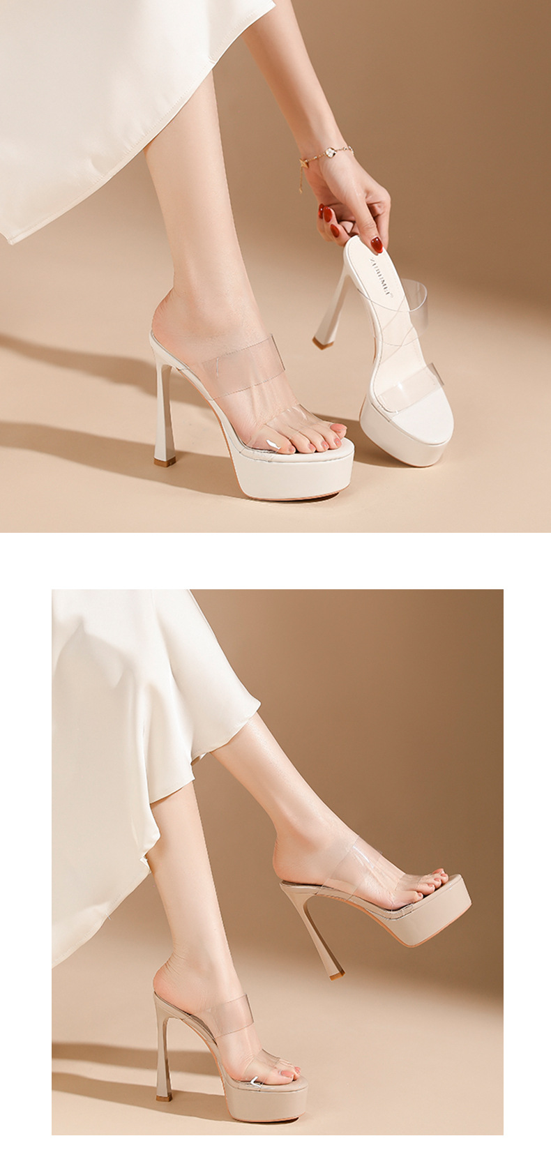 Sandal cao gót nữ quai một dây trong suốt, mũi hở, gót nhọn 9 cm, đế platform — Da-9cm chi tiết 6