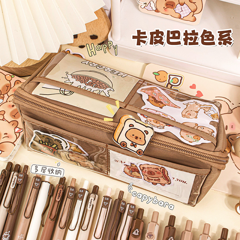 Kapibara bolsas de lápiz transparentes almohadas caja de papelería de gran capacidad inswind nicho estudiantes de escuela primaria caja de lápiz de alto valor facial
