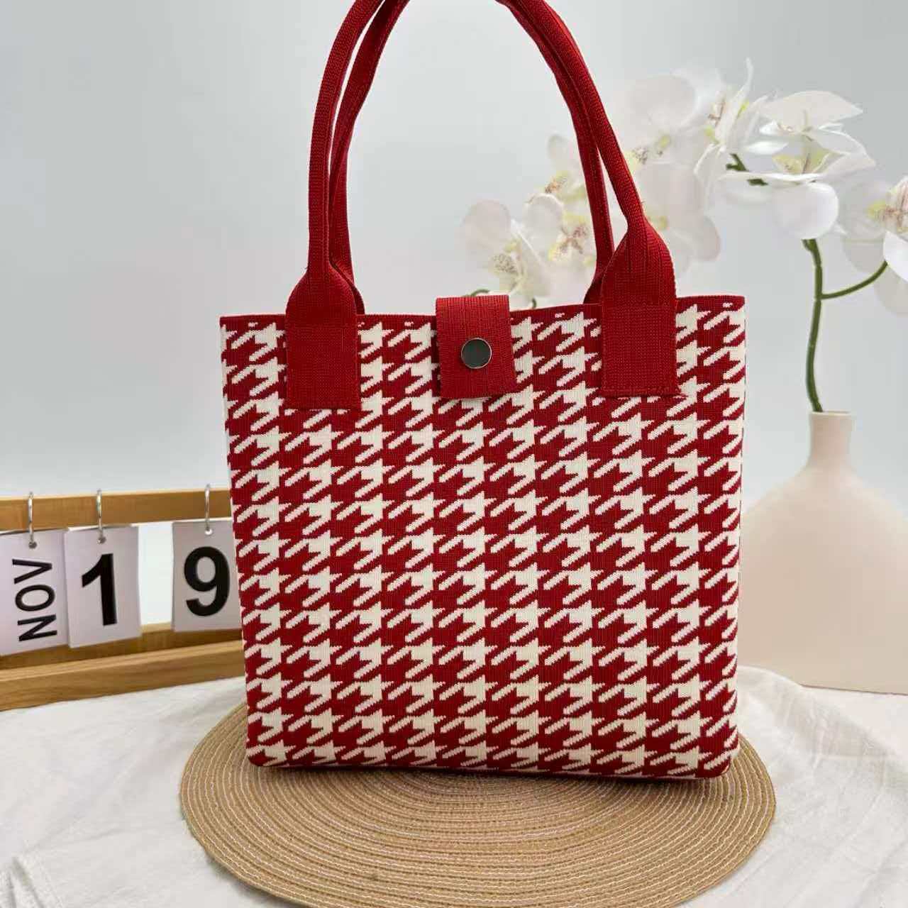 Houndstooth Knit Structured Large Capacity Square Handbag 6