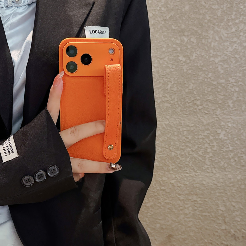 Orange Leather Wristband Suitable for Iphone16 Mobile Phone Case 17Promax Apple 14/15Pro Protective Cover Cross-Border