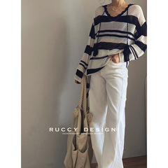 【RUCCY】2025 リネンリヨセル 白黒ワイドストライプ 中空Vネック タッセルロープ ゆったりニットセーター レディース