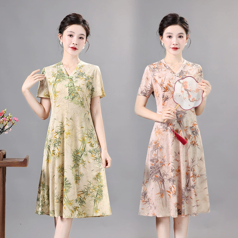 Иностранная мама платье среднего и длинного летнего нового китайского стиля юбка мода в китайском стиле темпераментное платье среднего и старшего возраста с короткими рукавами
