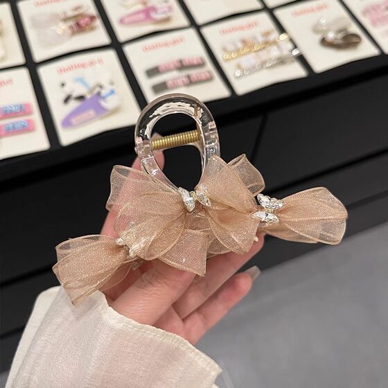 Super Fairy Mesh Bow Grab Clip Women's 2024 New Back Head Refined Rhinestone Elegant Hairpin Shark Clip Summer