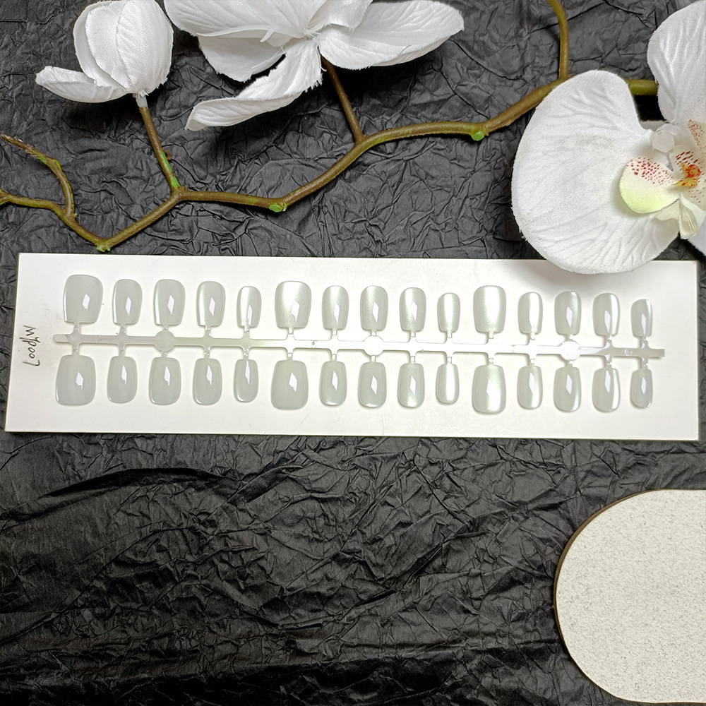 Uñas postizas blancas nacaradas claras, ojos de gato brumosos, uñas cortas, 30 piezas, uñas prefabricadas