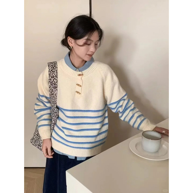 2025 transfronterizo coreano relajado suéter a rayas casual mujeres otoño y invierno temperamento retro manga larga chaqueta de punto