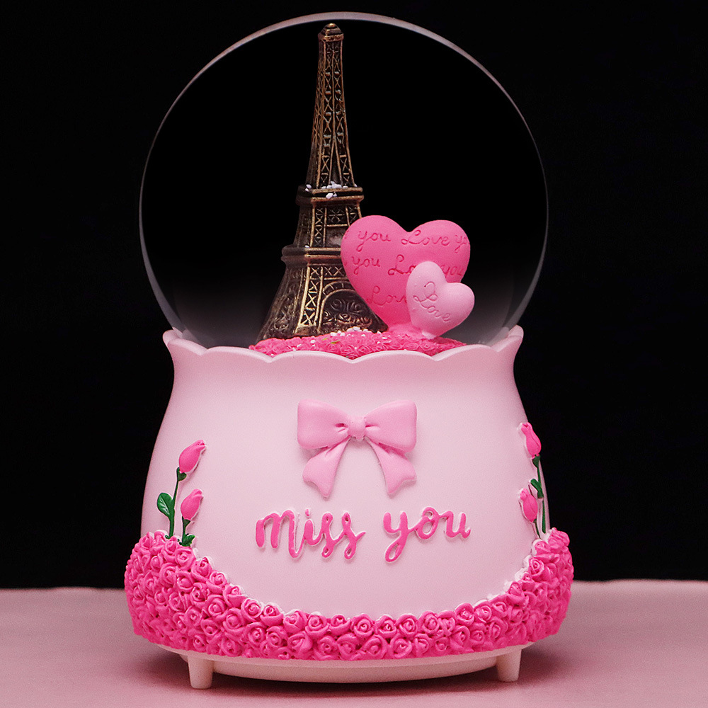 粉色浪漫爱心埃菲尔铁塔水晶球带灯带音乐盒情人节礼物家居小摆件
