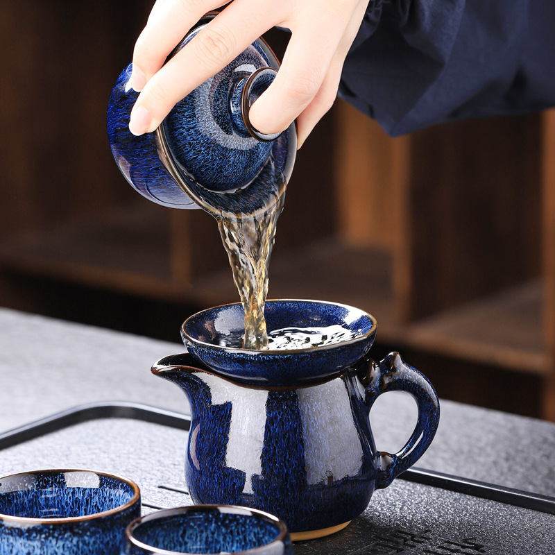 窑变茶具天目釉茶具套装陶瓷蓝盏泡茶壶盖碗整套茶具套装功夫茶具