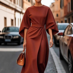 2025外国貿易の婦人服欧米の越境ファッションの気質の優雅な純色の腰のワンピースのカジュアルなコウモリの袖の長いスカート