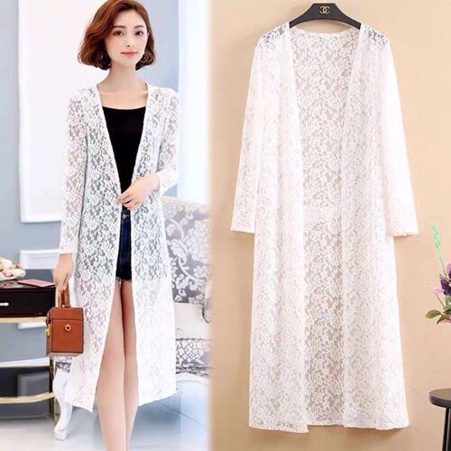 Loose Lace Sunscreen Top with Long Sleeve Open-Front Blouse for Summer, Expendable Medium-Length Shawl-Sleeve Thin Outerwear Air Conditioning Shirt