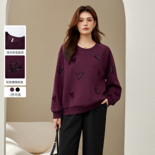 Slim Show plus size Women's Dress Chic Butterfly Pattern Age-reducing Elegant All-match Round Neck Sweat Chubby mm2024 Winter New