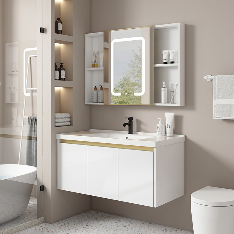 Blanco simple gabinete colgante integrado lavabo de cerámica lavabo de baño Combinación de gabinete de baño de aluminio espacial Luz de lujo