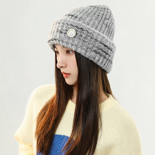 Gradient Striped Knitted Hat Autumn/Winter Colorful Woolen Hat Ear Warm Hat Warm Large Brim Cold Hat Face Slimming Overhead Hat